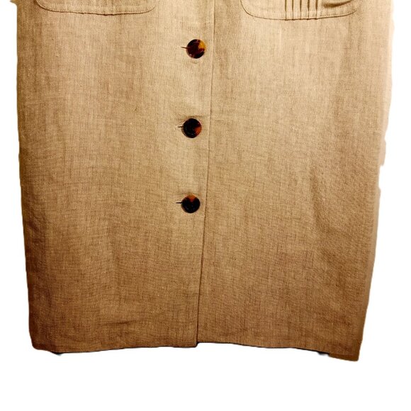 Women's LINEN Dress sz 10 Tan Button-front Short-sleeve Vintage 90's MIDI - Picture 4 of 12